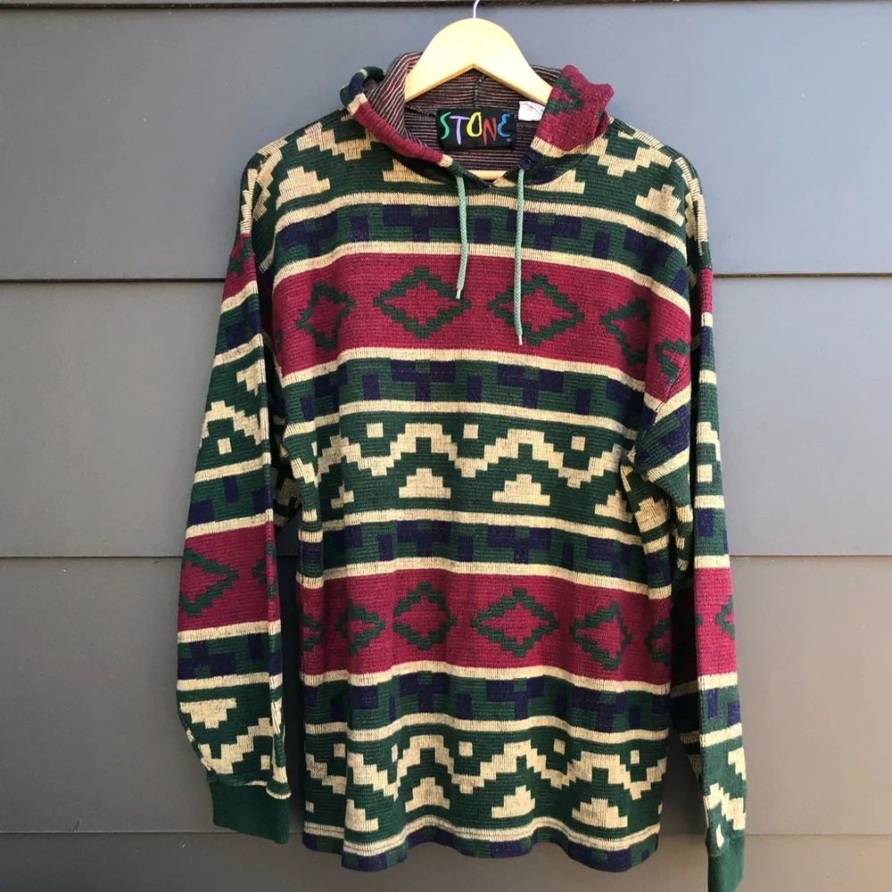Vintage Aztec Style Hoodie knit - lightweight Acrylic - made in Korea - L